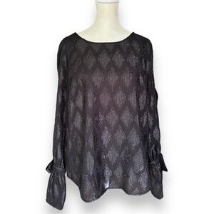 HALOGEN Sheer Black Metallic Diamond Brocade Sheer Long Sleeve Blouse | Size S